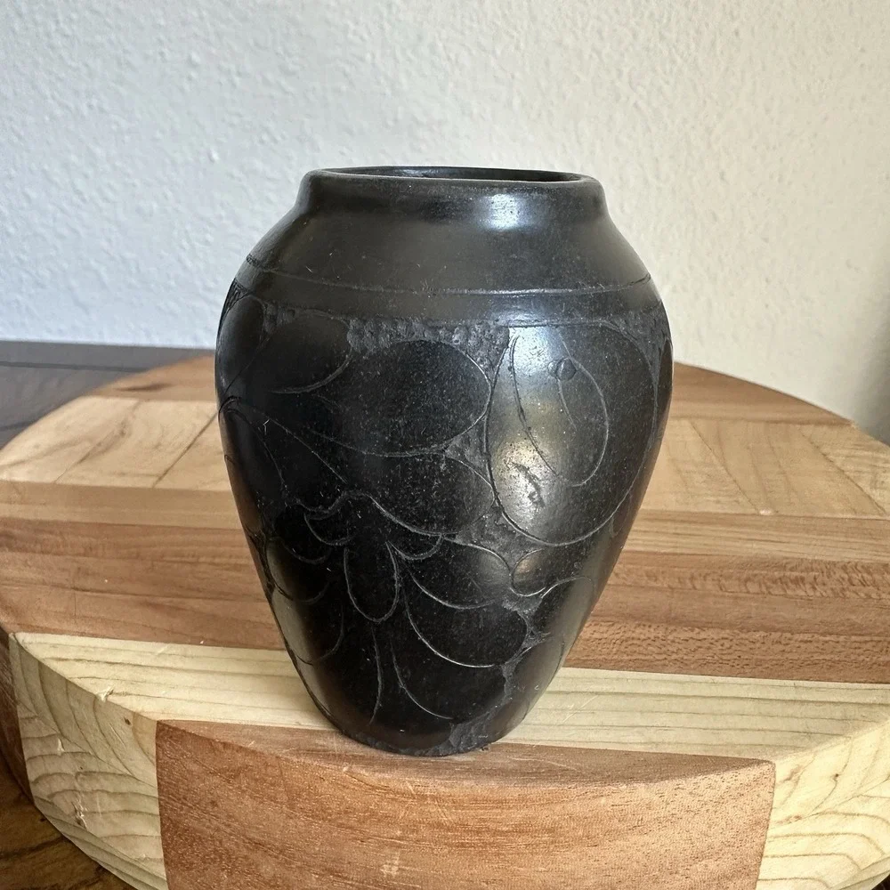 Vintage Artisan Signed Marginea Pottery Vase 3.5 Inch Black Carved Floral Leaves